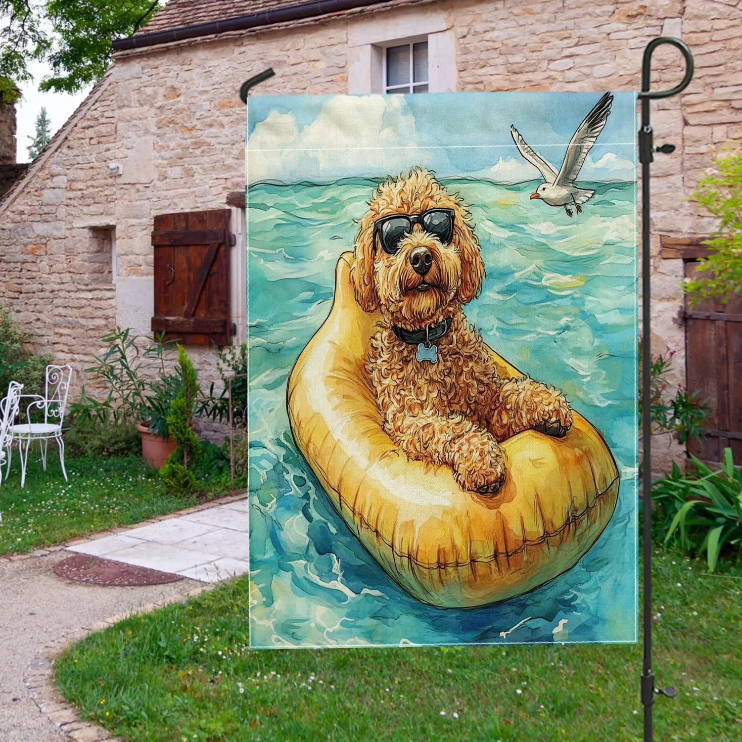 Fun Golden Doodle Dog Garden Flags 12x18 Inch Double Sided for Outside, Summer Scene Chien Standard Vertical Canvas House Fl uui