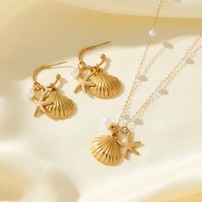 EILIECK 316L Edelstahl Goldfarben Seestern Muschel Perlen Halskette Ohrringe Set für Damen Trendiger Wasserdichter Schmuck Damengeschenk – Detail 7