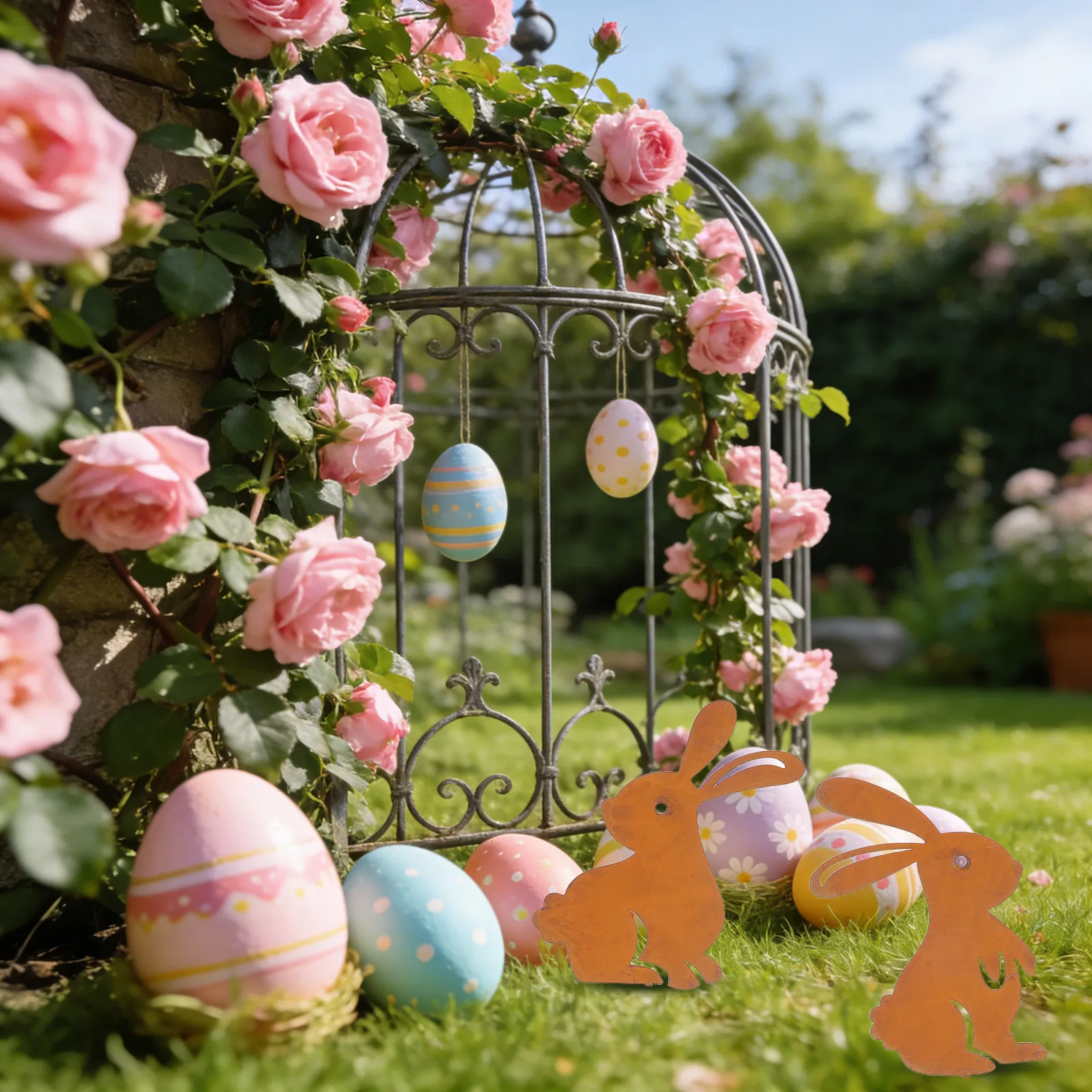 

2 шт. Декоративные металлические садовые силифоны-кролики в деревенском стиле для газона и клумб, пасхальный декор
