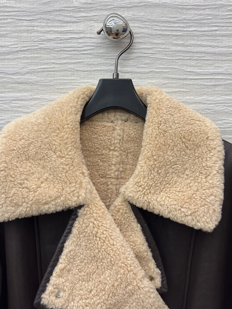 SVORYXIU خريف شتاء نمط جديد عميق القهوة اللحاء مطابقة أفخم طوق امرأة سترة جلدية سوداء الموضة #2