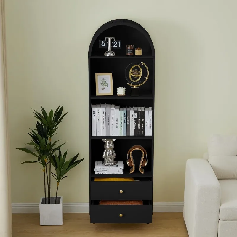 75.59" Tall Bookcase, 4 Tier Arched Bookshelf with 2 Drawers, Modern Book Display Storage Cabinet for Living Room,(Black)