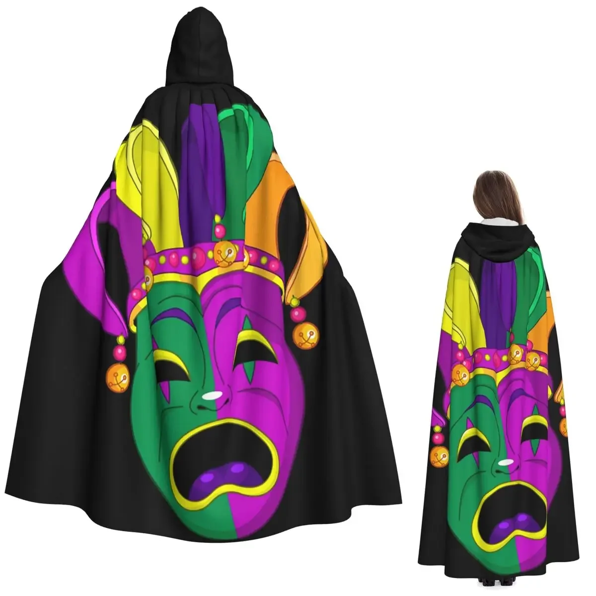 

Mardi Gras Comedy And Tragedy Masks Long Hooded Cloak Witch Medieval Costume Cosplay Cape HalloweenVampire Adult Unisex