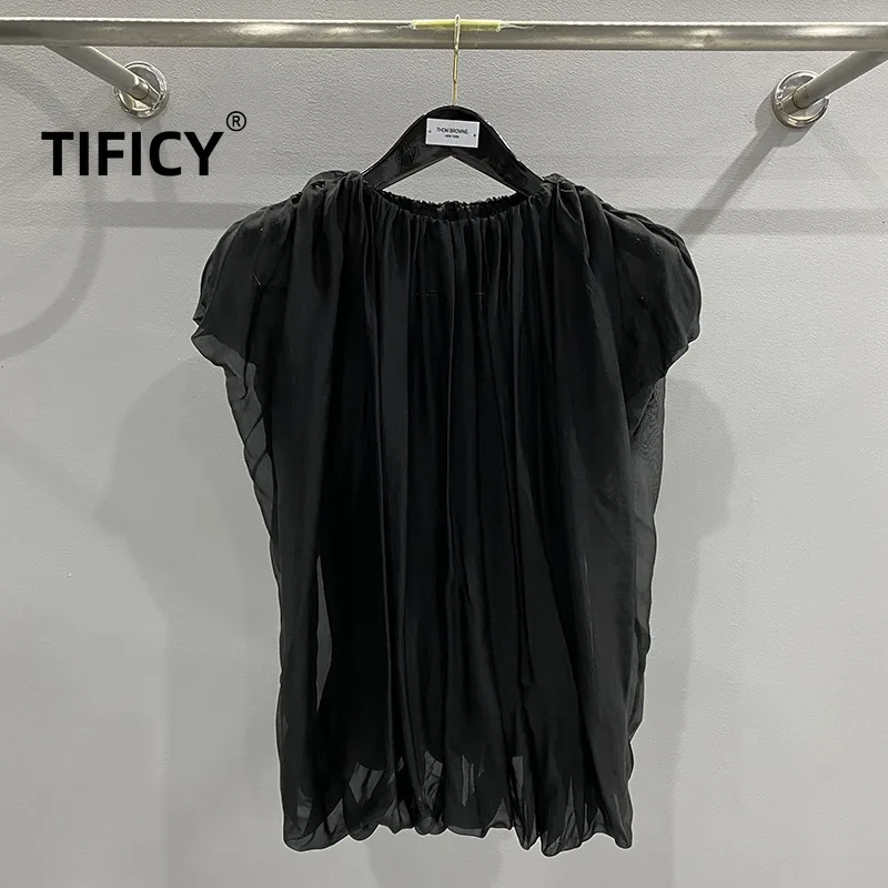 

TIFICY High Street Tshirt Women's New Silk Summer Comfortable and Fashionable Double-layer Lantern Shaped Retro Dark T-shirt Top