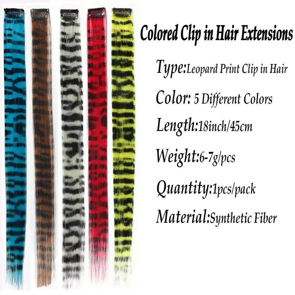 Extensiones de cabello con clip de rayas de colores, sintéticas con reflejos, 18 pulgadas, postizos lisos para uso diario y fiestas 4