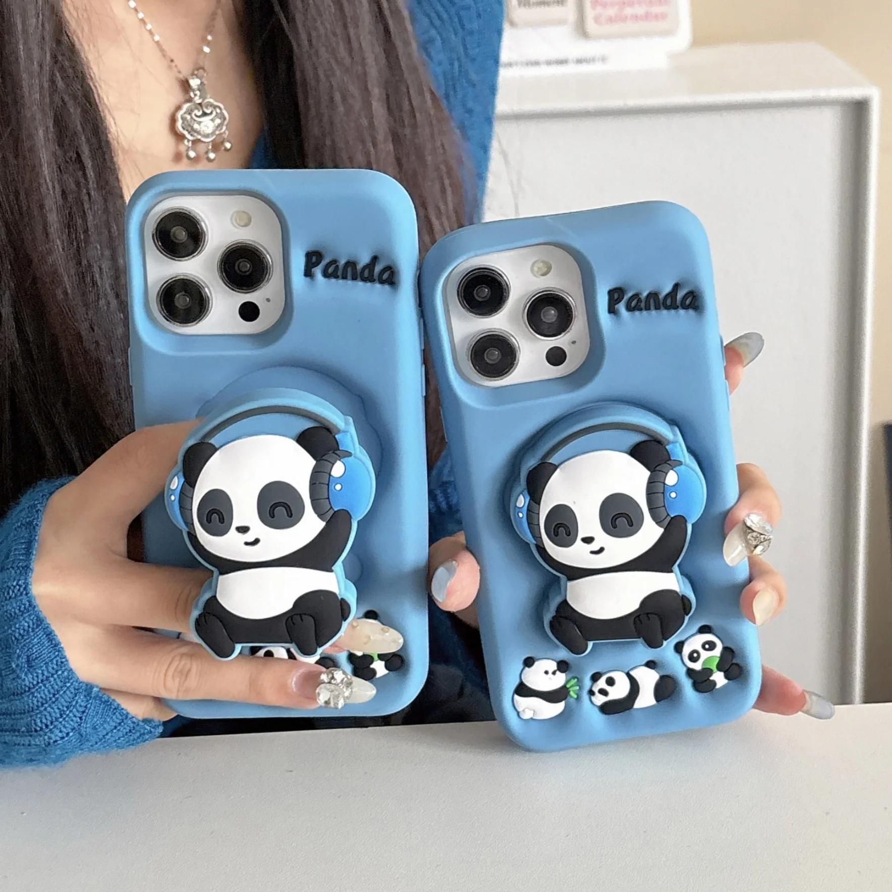 Latest Hot Selling for iPhone 16 15 14 13 12 Pro Max 11 Silicone Case 3D Cartoon Stretch Bracket Phone Cover DJ Panda Phone Case