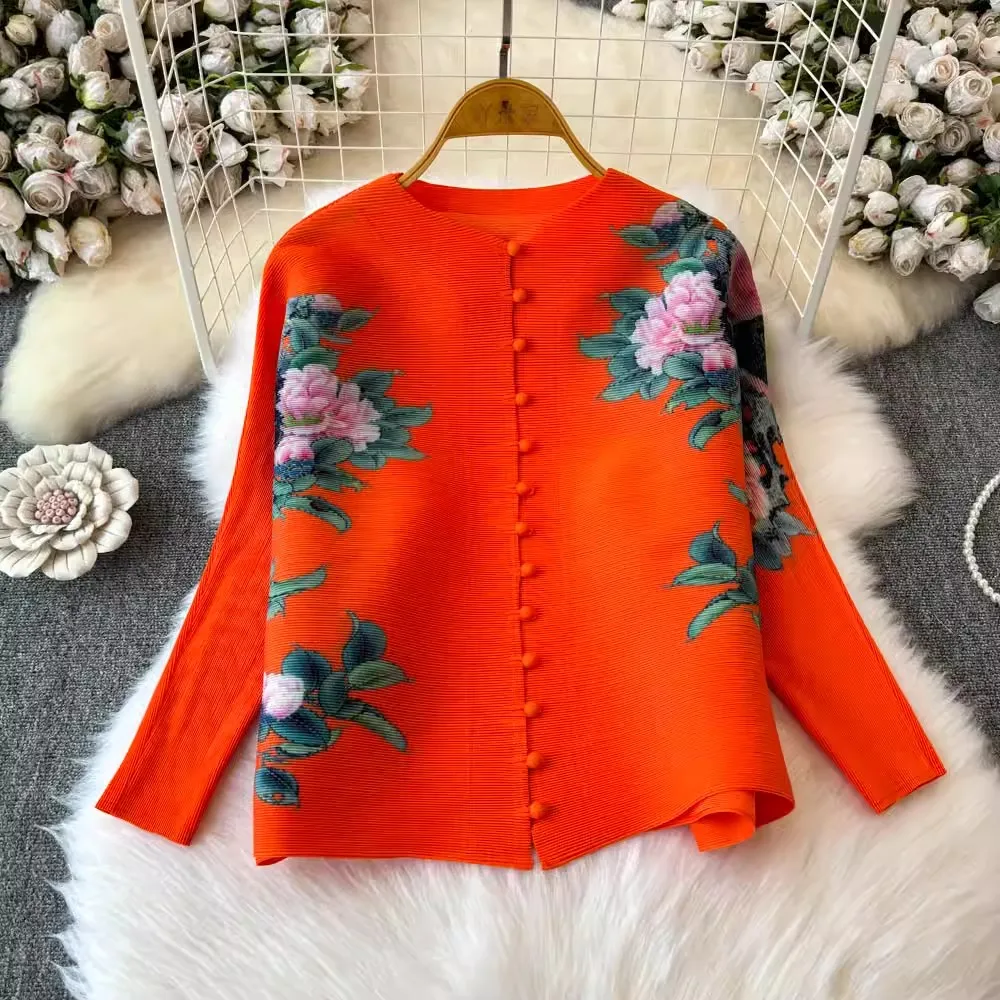 Miyake Pleated Floral Print Blouses Shirts Women 2024 Autumn O-Neck Three-quarter Sleeves Office Ladies Elegant Loose Tops