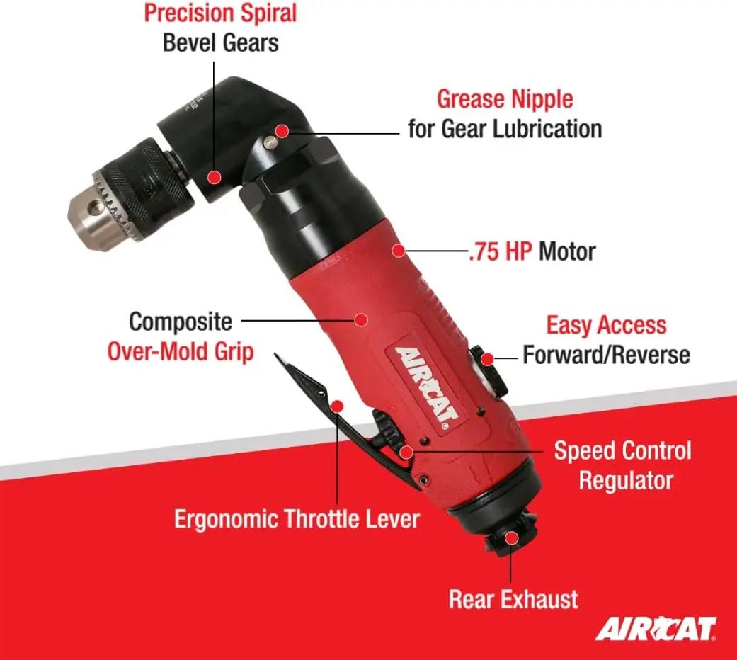 Pneumatic Tools 4337: 3/8-Inch Reversible Angle Drill Air Tool with 1,600 RPM, 75 HP Motor