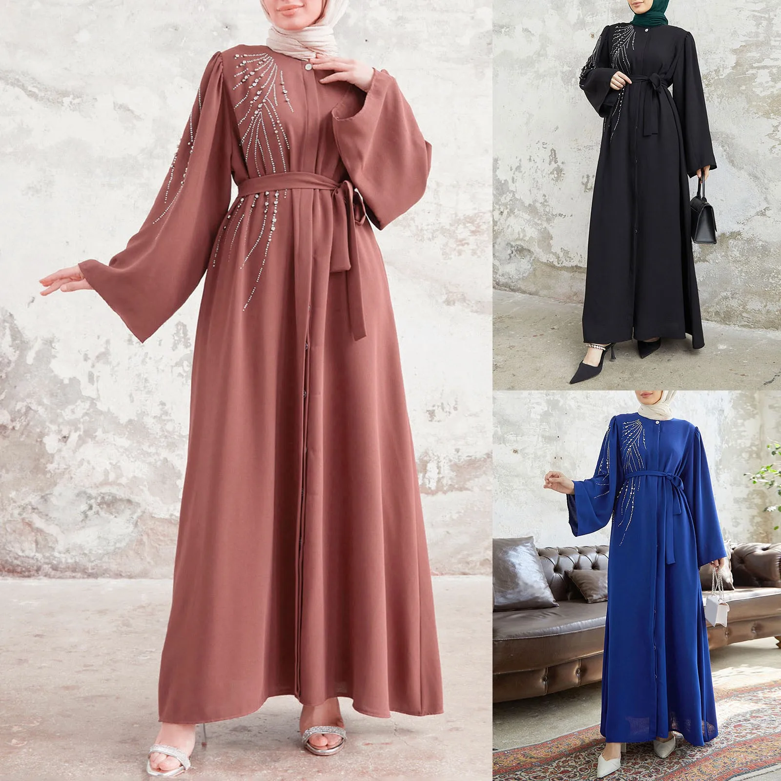 

Elegant Abaya Middle Eastern Robe Women's Muslim Dress Turkey Dubai Caftan Islamic Clothing Beaded Hot Diamond Dress Abaya