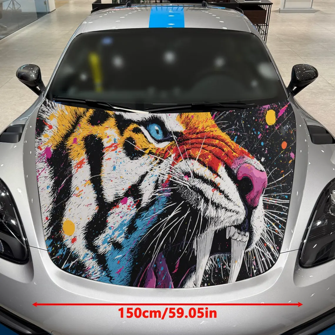 Colorful Tiger Urban Dominance Scene PVC Car Hood Wraps, Self-Adhesive Waterproof Car Bonnet Decal Sticker, Car Decoration Prote