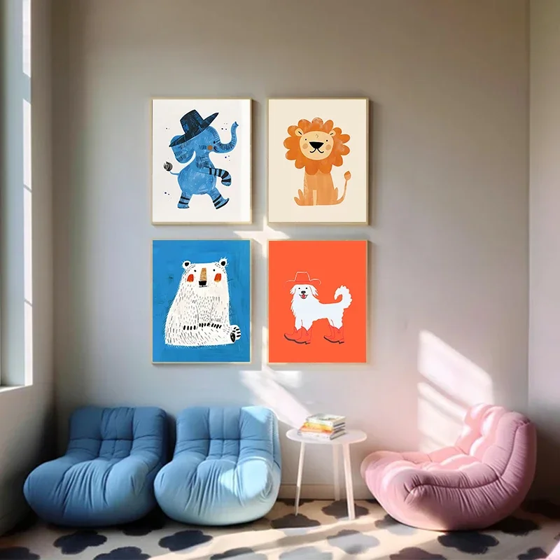 Colorful Bear Puppy Elephant Gallery Wall Poster Kids Room Cartoon Cute Canvas Painting Ideal Decoration Gift Wall Art
