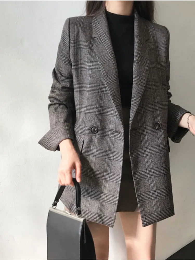 Blazer à carreaux pour femmes, veste coréenne à manches longues, double boutonnage, tenue de bureau décontractée, printemps automne