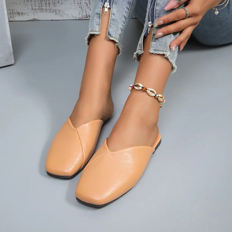 Women Leather Bun Toe Half Slippers Summer New Fashion Muller Large Size Casual Outdoor Square Toe Women Off White Slippers