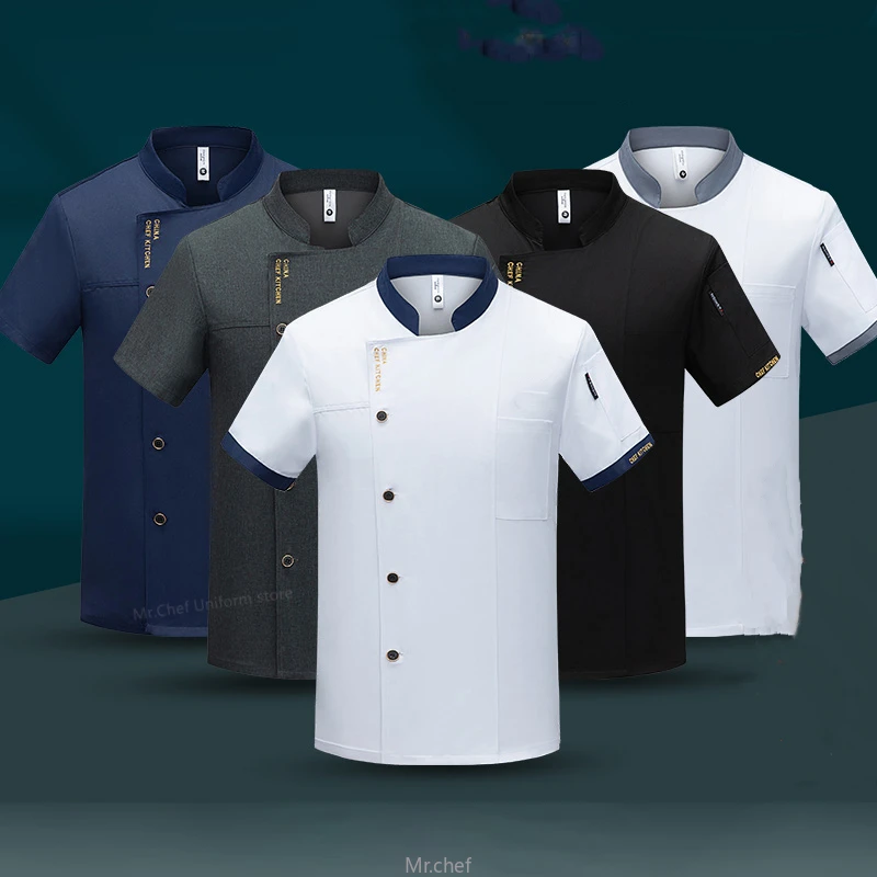 Sommer Kochjacke schwarze Uniform Herren Kurzarm Kochmantel Schürze Arbeitskleidung Logo Kochshorts Atmungsaktiv Restaurant Küche