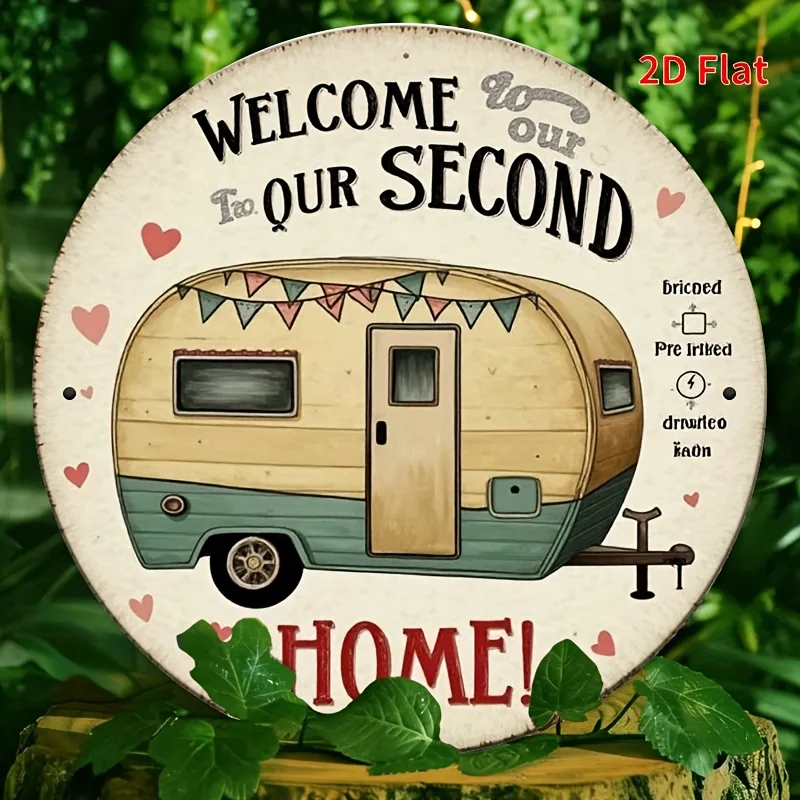 Welcome Our Second Time Camper Van Round Sign, Vintage RV Wall Art for Cabin, Trailer or Home, 8 Inch