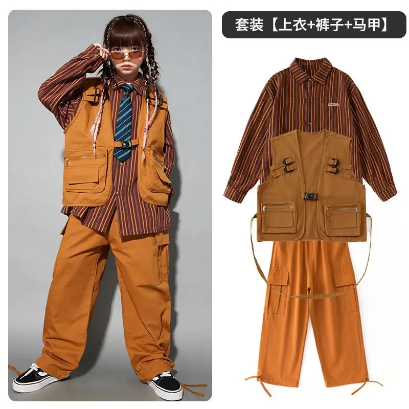 Child costume For Kids Stripe Shirt Brown Vest Hiphop Pants Suit Girls Jazz Dancing Outfits Boys Streetwear