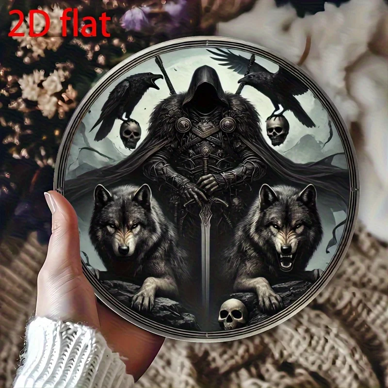 2D flach, 1 Stück Vintage Viking Wolf & Odin'S Raven Metallwandkunst – 20,32 cm rundes Aluminiumschild mit Gothic-Rüstungsfigur, Totenköpfe und