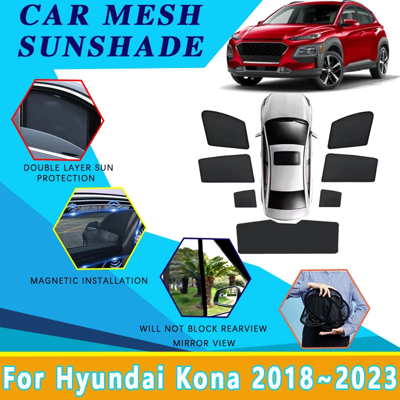 

Сетчатые солнцезащитные козырьки для Hyundai Kona OS 2018 ~ 2023, защита от солнца, теплоизоляция, магнитный козырек для бокового окна, автомобильные аксессуары