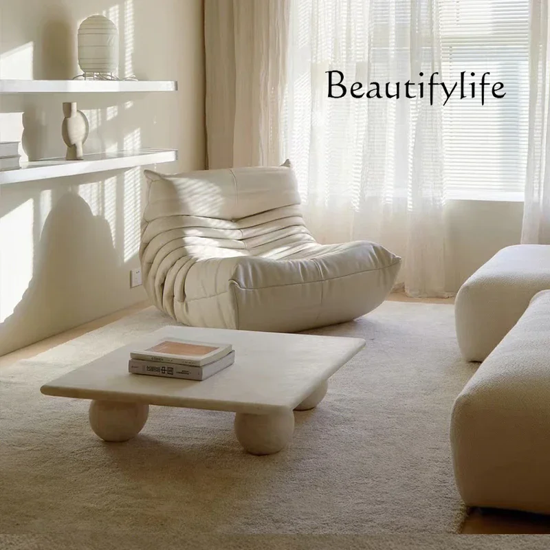 

A Natural Travertine Coffee Table Designer Living Room Square Small Apartment Marble French Cream Style