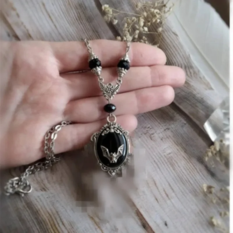 

Gothic Vampire Bat Sweater Necklace Silver plated Framed Bat Cameo Necklace Halloween Witch Crystal Necklace Gift for Bat Lover