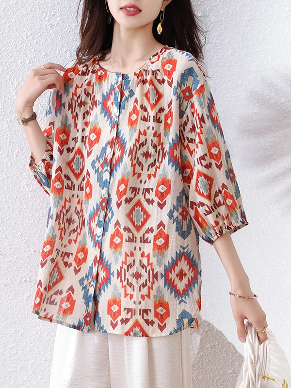 Ele الأزهار طباعة الشيفون irt المرأة الصيف جديد فضفاض Sle رقيقة Faionable أعلى خمر تخفيف Sle جولة Ne Seven... #4