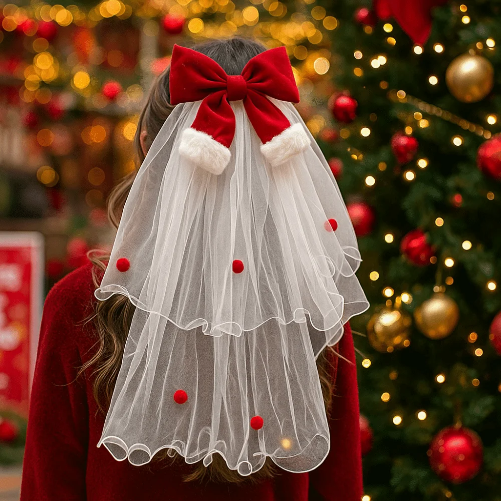 

Fashion Red Christmas Veil Headband Velvet Mesh Christmas Head Gauze Head Covering Photo Props Bow Veil Hair Accessories