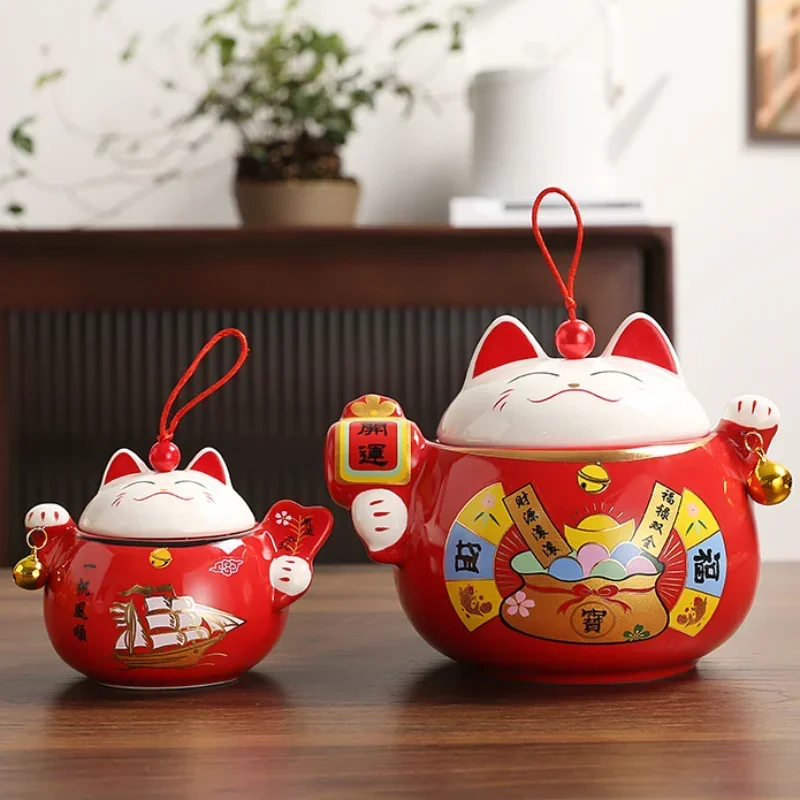 

Ceramic Lucky Cat Sealed Jar Home Decoration Tea Coffee Box Moisture-proof Sealing Storage Tank Mini Portable Sugar Salt Jar