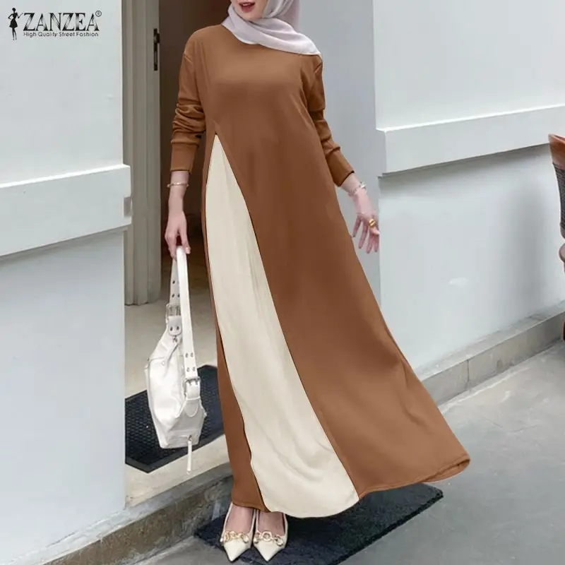 

ZANZEA Мусульманское скромное модное длинное платье для женщин, с длинными рукавами, контрастными цветами, плиссировкой и вставками, абайя, элегантное макси-платье