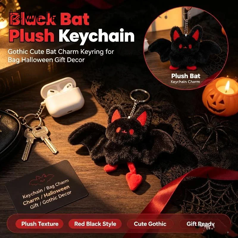 Black Fluffy Plush Bat Keychain Soft Mini Stuffed Pendant for Halloween Gift Backpack Decor