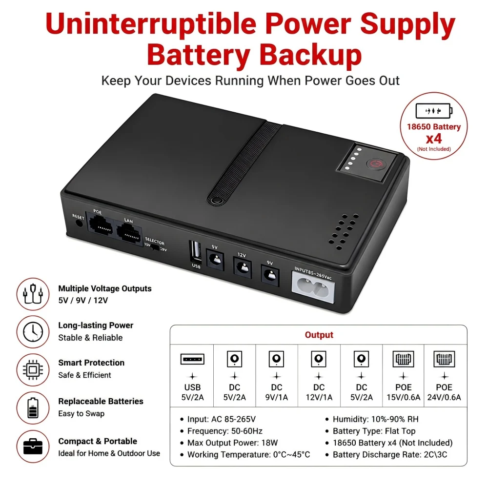 Rechargeable Mini UPS Backup Power Supply 5V 9V 12V DC POE 15V 24V for WiFi Router Modem CCTV No Battery