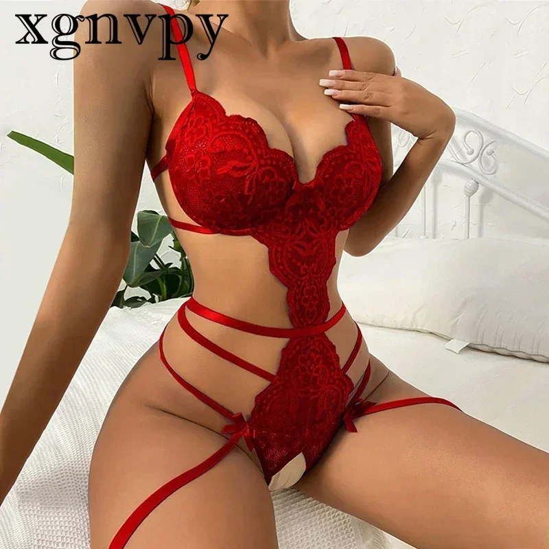 xgnvpy Lingerie Set Sexy Costume Female Crotchless Bodysuit Underwear Lace Patchwork String Sheer Bra Panty Set Fashion Apparel