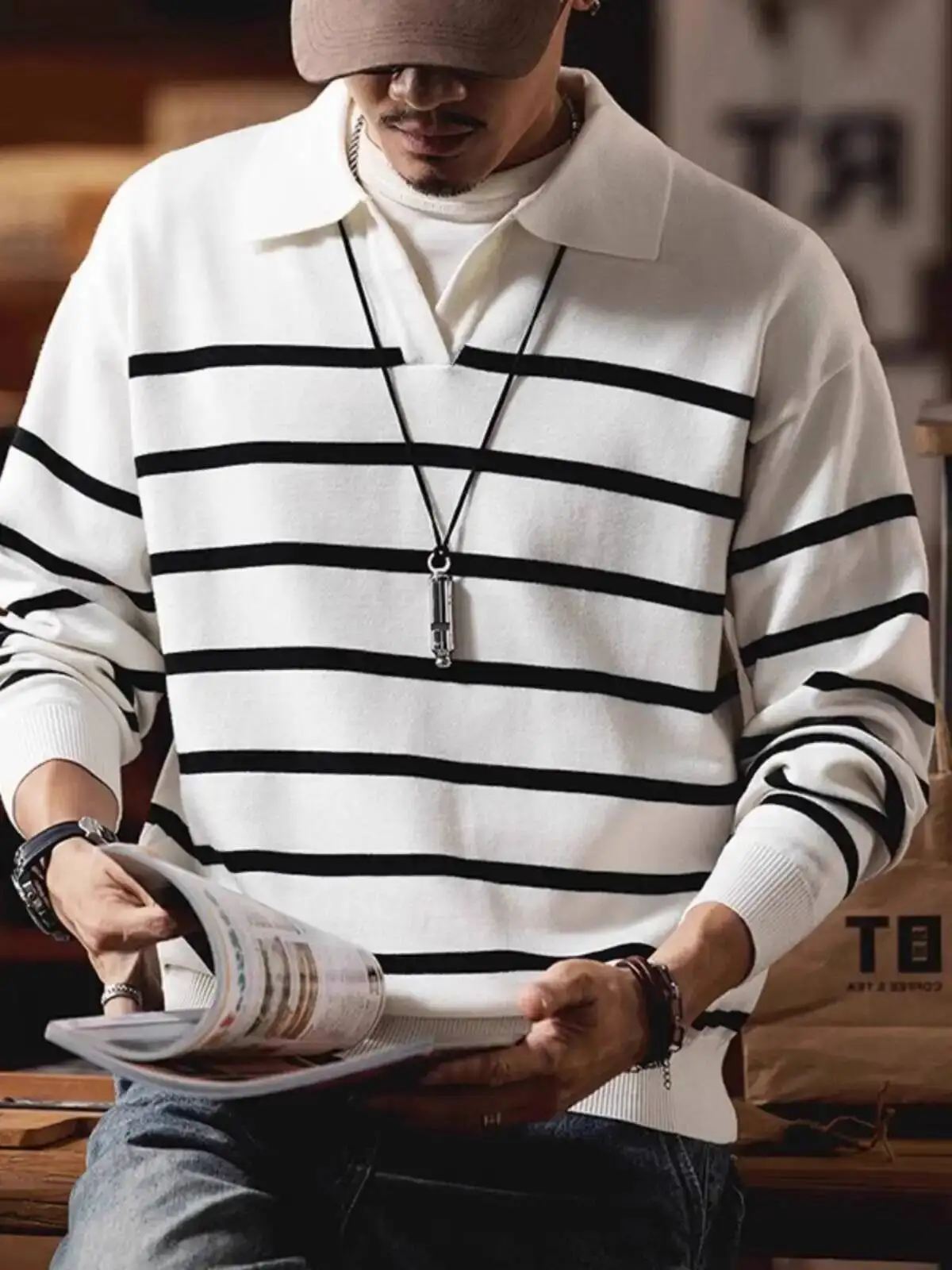 Men's Striped Sweater Retro Classic Striped Long Sleeve Sweater Autumn Winter New Fashion Knitwear Basic