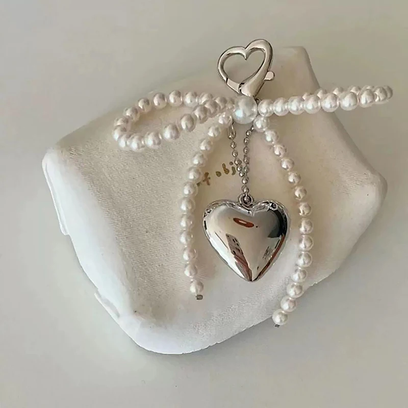 Delicate Beaded Key Chain Pendant Handmade Pearl Bow Shaped Keyring Heart Keychain Ornament Pearl Decoration For Bags Phones