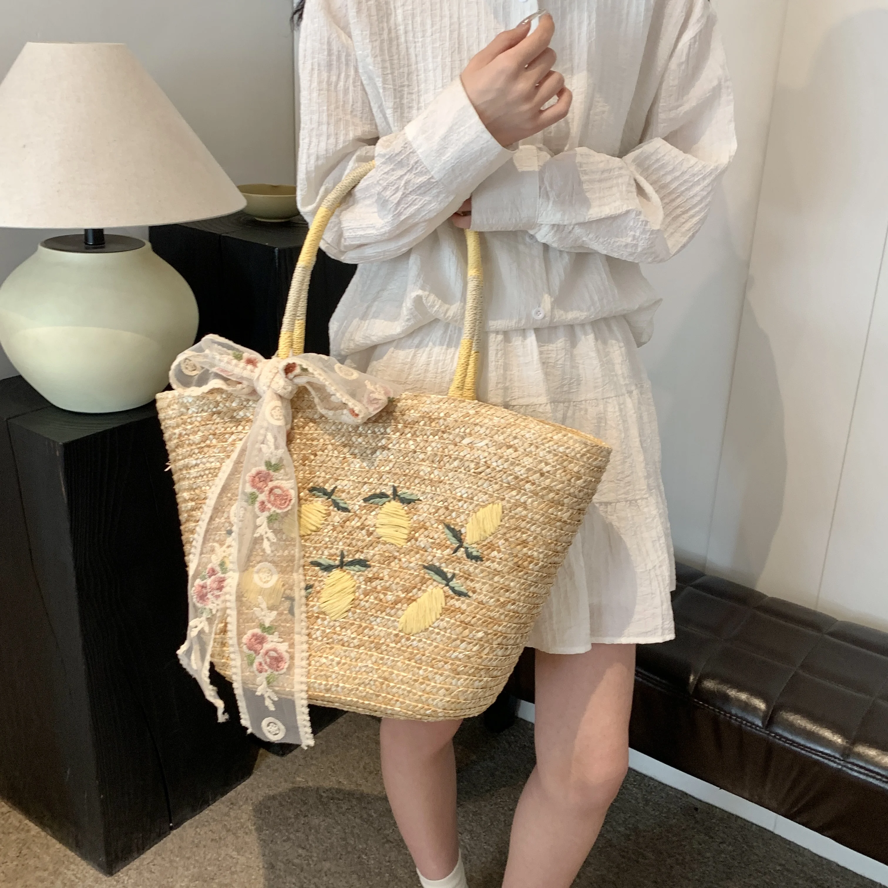 Summer Large Straw Bags for Women Handmade Beach Bags 2024 Korean Fashion Ribbon Woven Handbags Travel Shopper Shoulder Bags