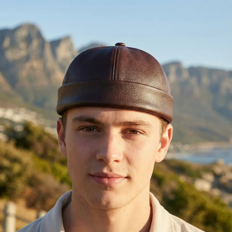 Casual Retro Brimless Hat PU Leather Adjustable Melon Skin Caps Solid Color Docker Cap Autumn Winter