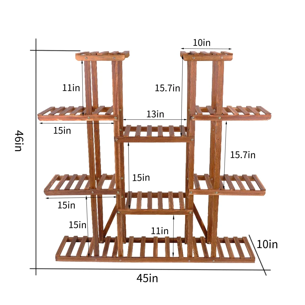 Large 11 Tiered Wood Plant Stand Carbonized High Widen Pot Shelf Holder Flower Shop Office Garden Indoor Outdoor