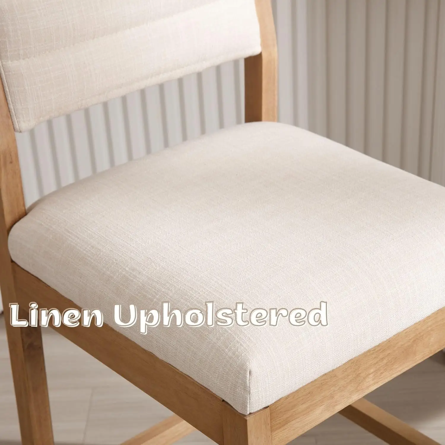 26” Bar Stools Set of 2 Linen Upholstered Kitchen Island Stools with Back Mid Century Rectangle Wood Barstools Countertop Bar Ch