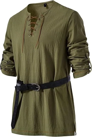 Mittelalterliches Schnür-Tunika-Hemd für Herren, Renaissance-Wikinger-Piraten-Kostüm, langärmliges Retro-Oberteil mit Gürtel für Halloween-Cosplay – Detail 17