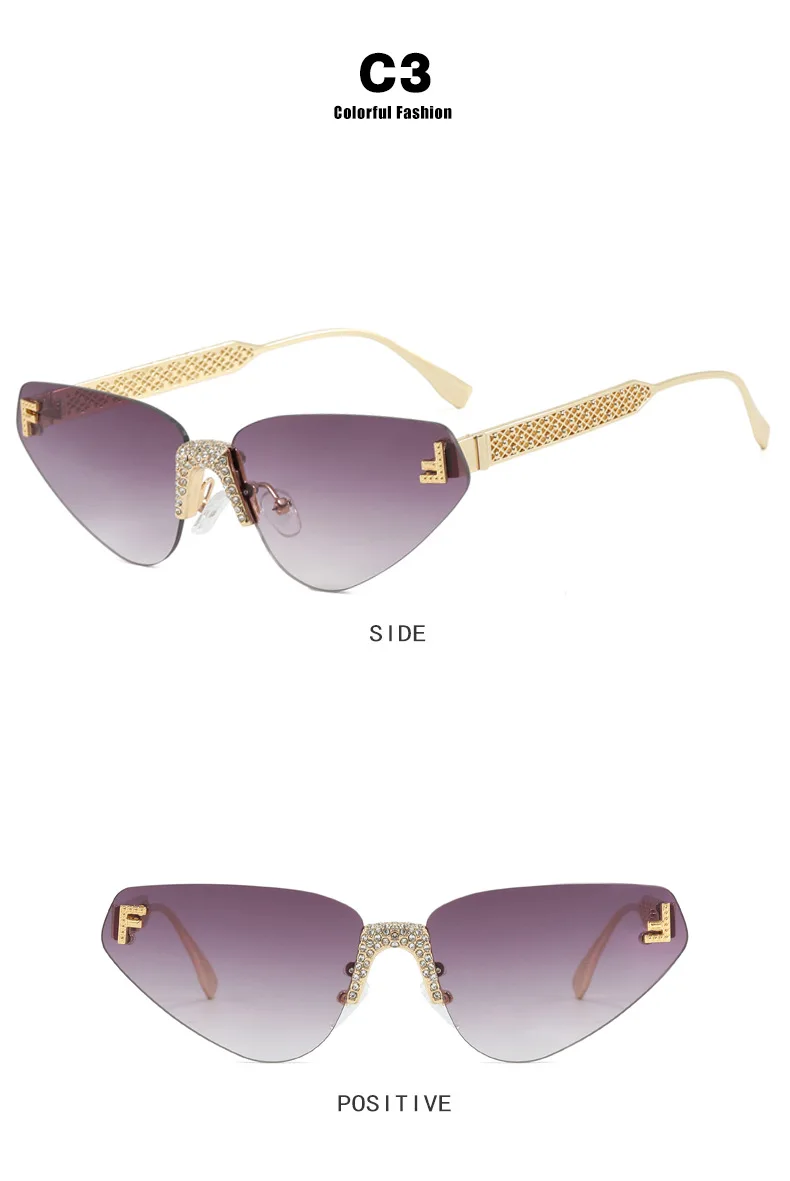 Frauen Sexy Cat Eye Randlose Strass Sonnenbrille Luxus Marke Designer Retro Punk Metall Sonnenbrille männer UV400 Fahren Gläser – Detail 9