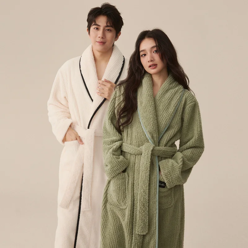 ثوب نوم طويل من الصوف المرجاني للزوجين للخريف والشتاء، لون سادة بسيط، شعور راقي، مناسب للارتداء المنزلي في الخارج في واي #3