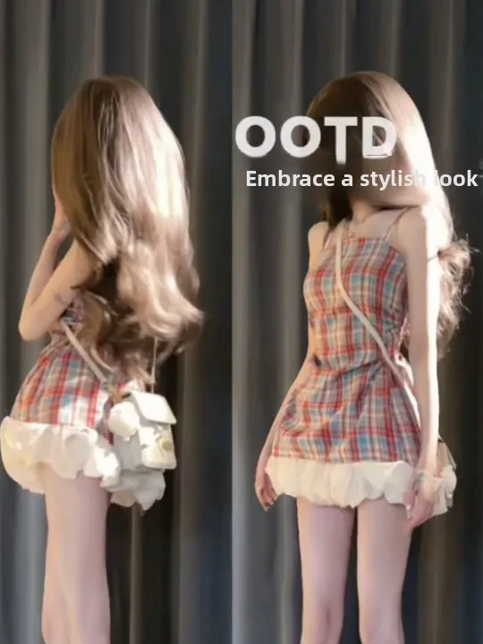 Retro Korean Plaid Waist-Cinching Strap Vest And Puffy  Skirt Two-Piece Set for Women Summer New Sweet And Spicy Girl