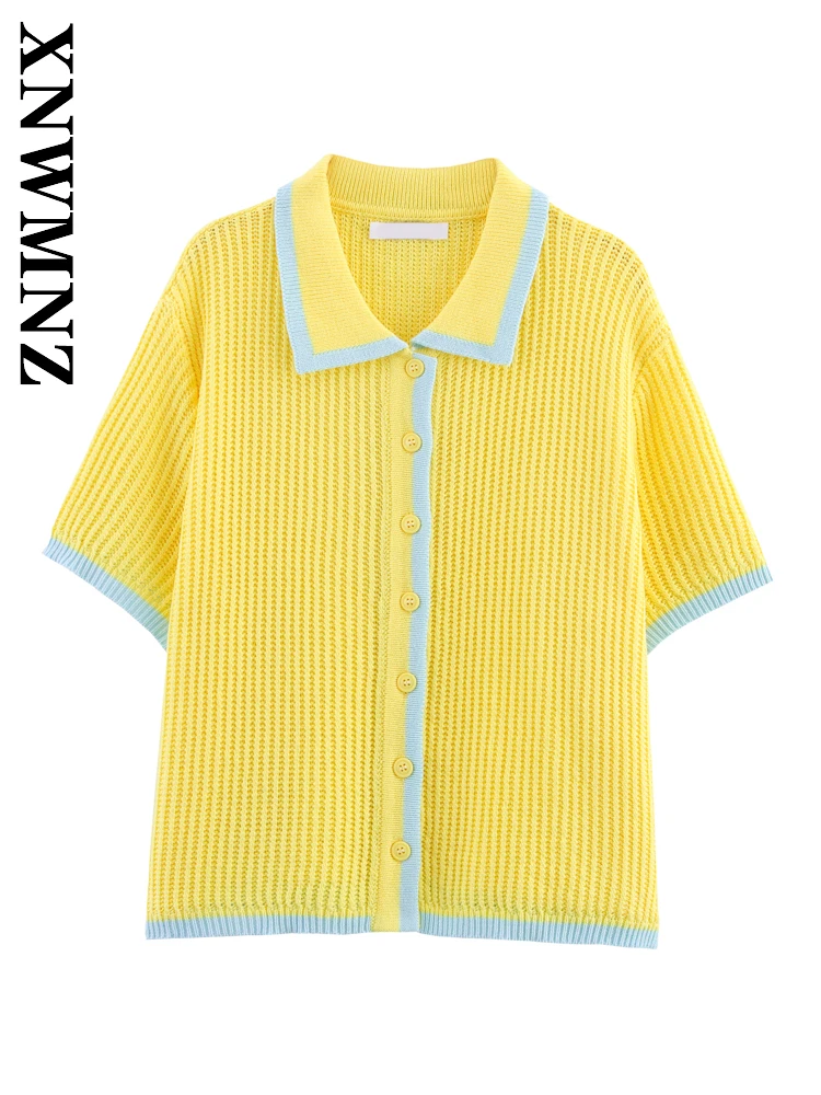 

XNWMNZ 2025 Summer New Product Lady Fashion Casual Short Sleeve Single-breasted Knitted Polo Shirt Woman's Color Block Blouses