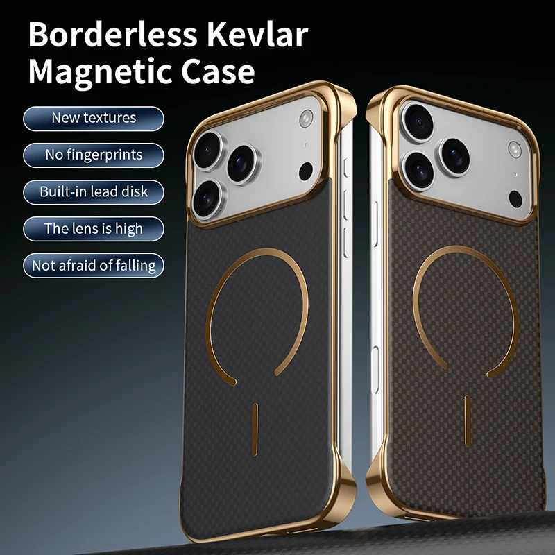 Für Magsafe Magnetische Drahtlose Lade Rahmenlose Carbon Faser Stoßfest Telefon Fall Für iPhone 17 Pro Max 17 Stoßstange Zurück Abdeckung