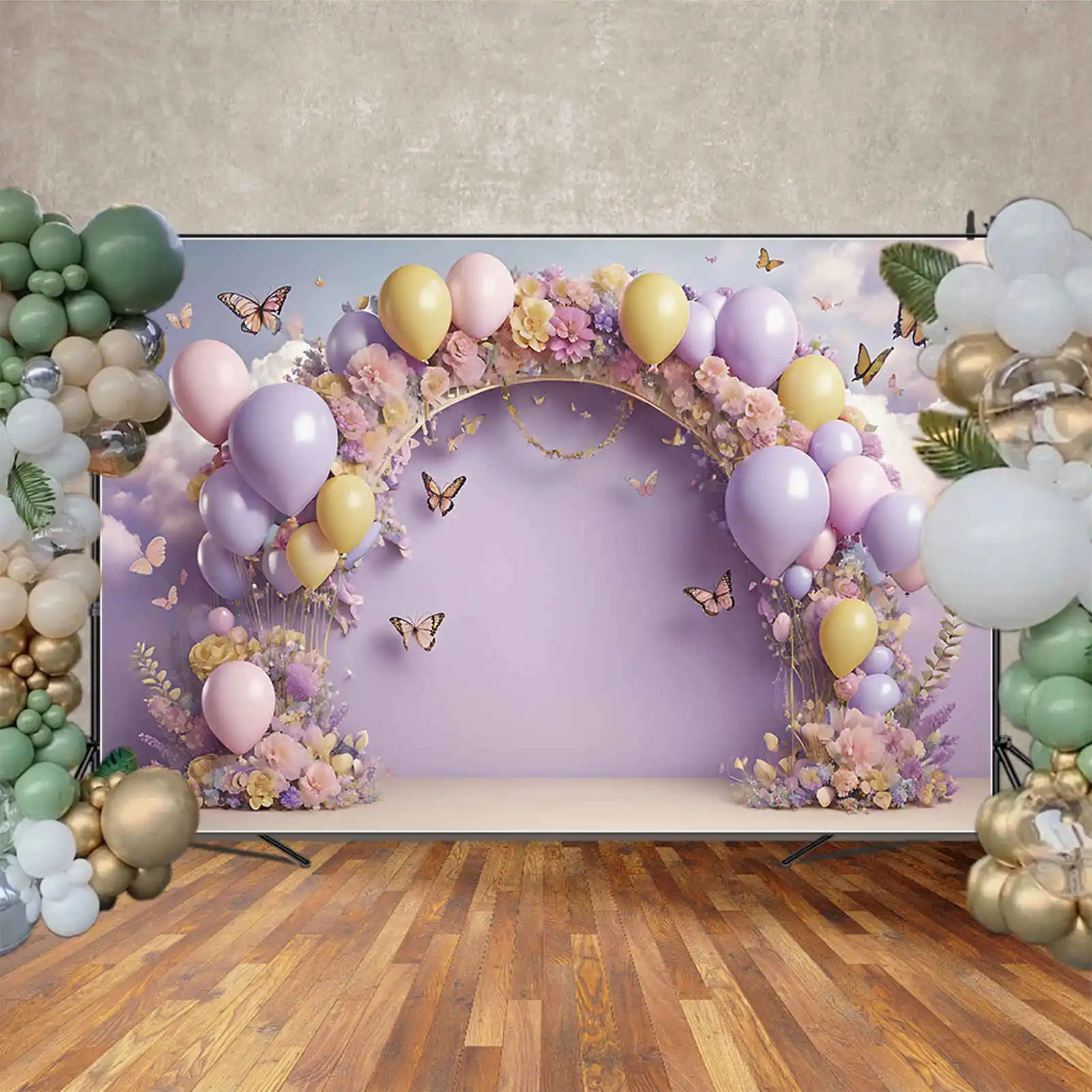 MOON.QG Hot Air Balloon Birthday Photo Studio Background Floral Flower Arch Backdrop for Photography Children Shooting Back Drop