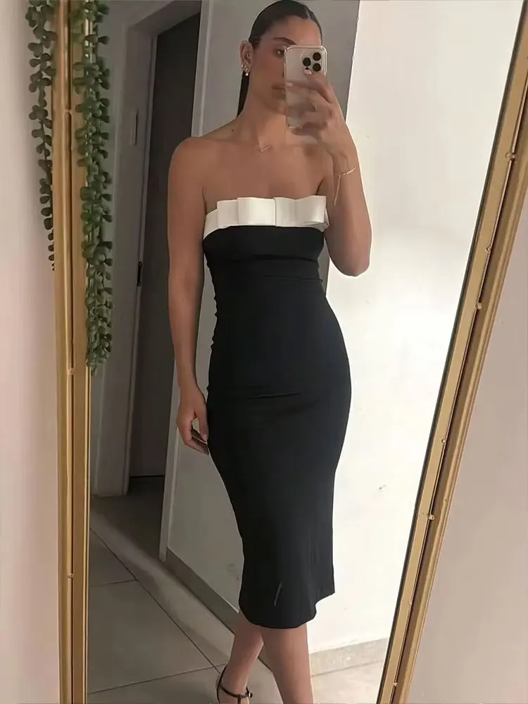 HH-vestido Midi de fiesta elegante de verano para mujer, vestidos ajustados Vintage sin tirantes con hombros descubiertos y lazo sin espalda
