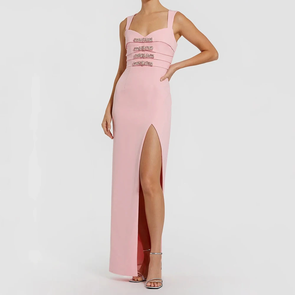 

Women's Straight Evening Dresses Ankle-length V-neck Sleeveless Prom Gown Fashion Crystal Side-split Backless Customized Gowns