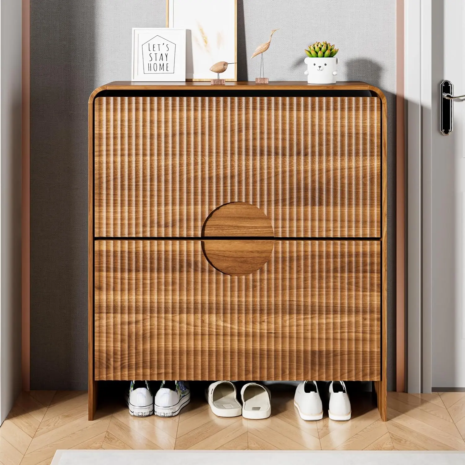 new Slim Shoe Storage Cabinet for Entryway, Narrow Shoe Cabinet with 2 Flip Drawers Doors, Fluted Hidden Shoe Rack, Customized