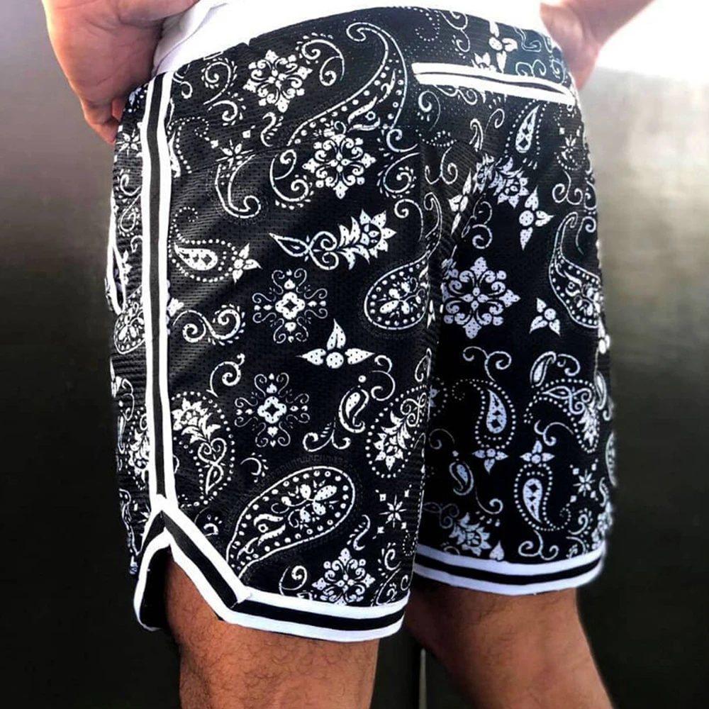 Mens Paisley Shorts Summer Breathable Jogger Workout Training Gym Bodybuilding Running Fitness Shorts With Phone Zipper Pockets