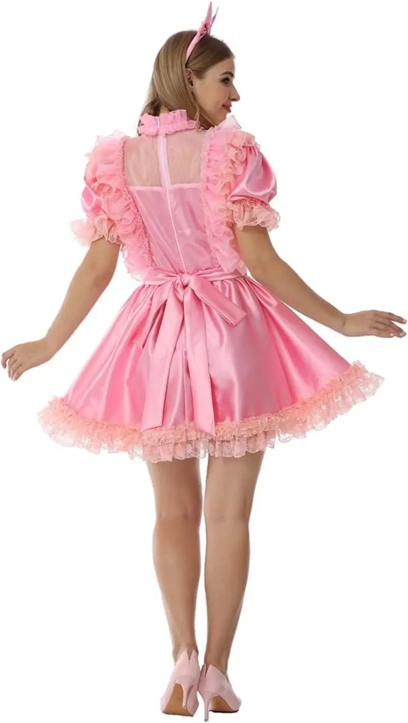 Sweet Pink Sheer Pleated Front with Smooth Satin Short Sleeved Lace Lock Edge Independent Apron Fetishistic Sissy Dress