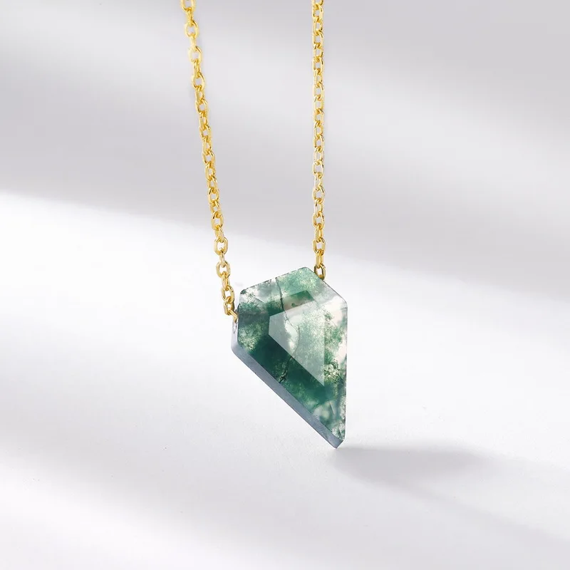 New S925 pure silver personalized geometric green moss stone inlaid with water grass agate necklace wedding jewelry - view 3