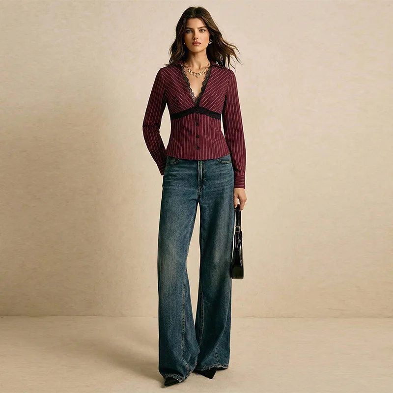 Camicetta da Donna Nuova a Righe, Slim Fit, con Pizzo, Maniche Lunghe, Scollo a V, Elegante, Comoda, Casual, Snellente e Versatile